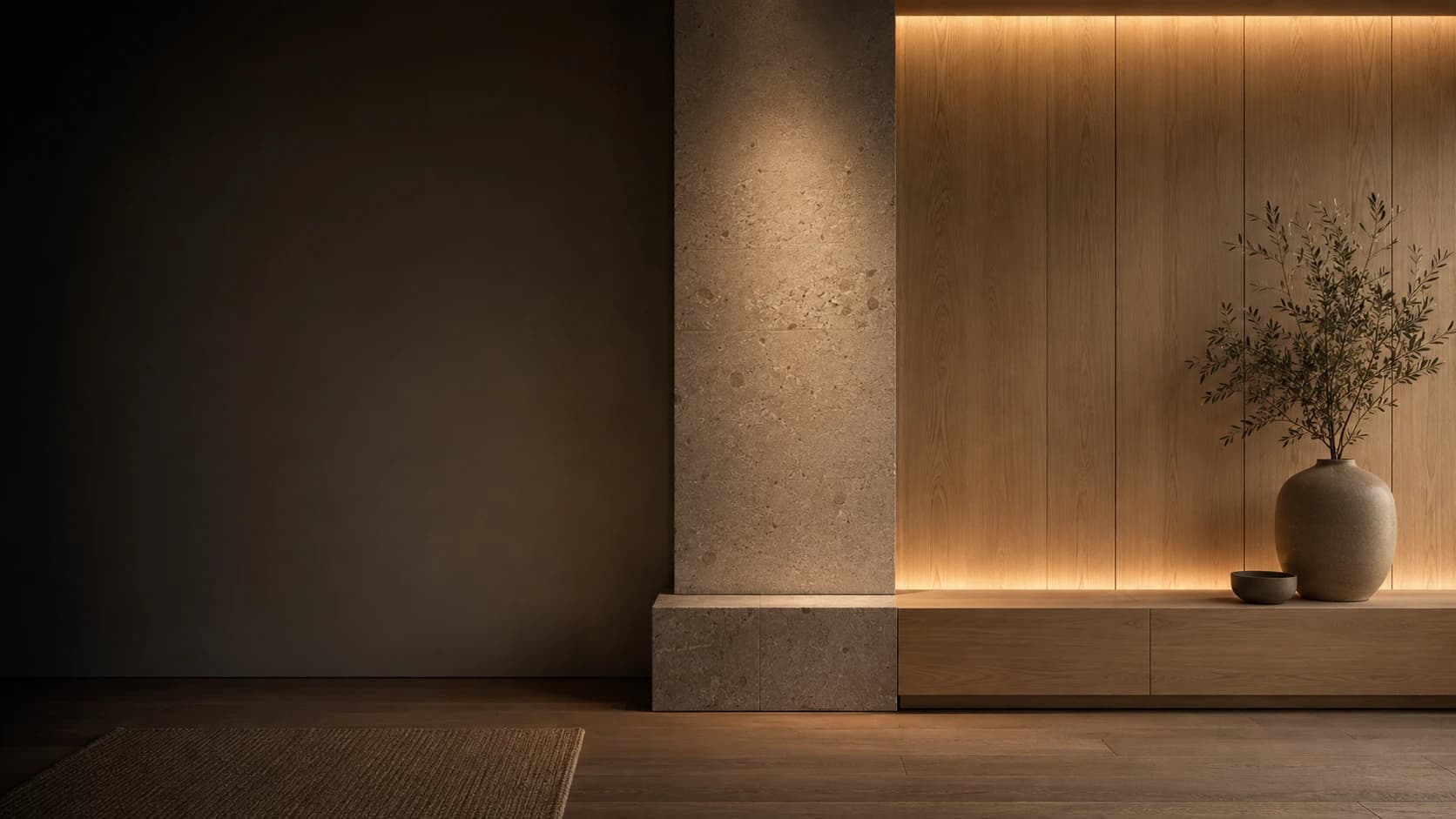 Material study of natural stone and oak wood with warm, indirect lighting