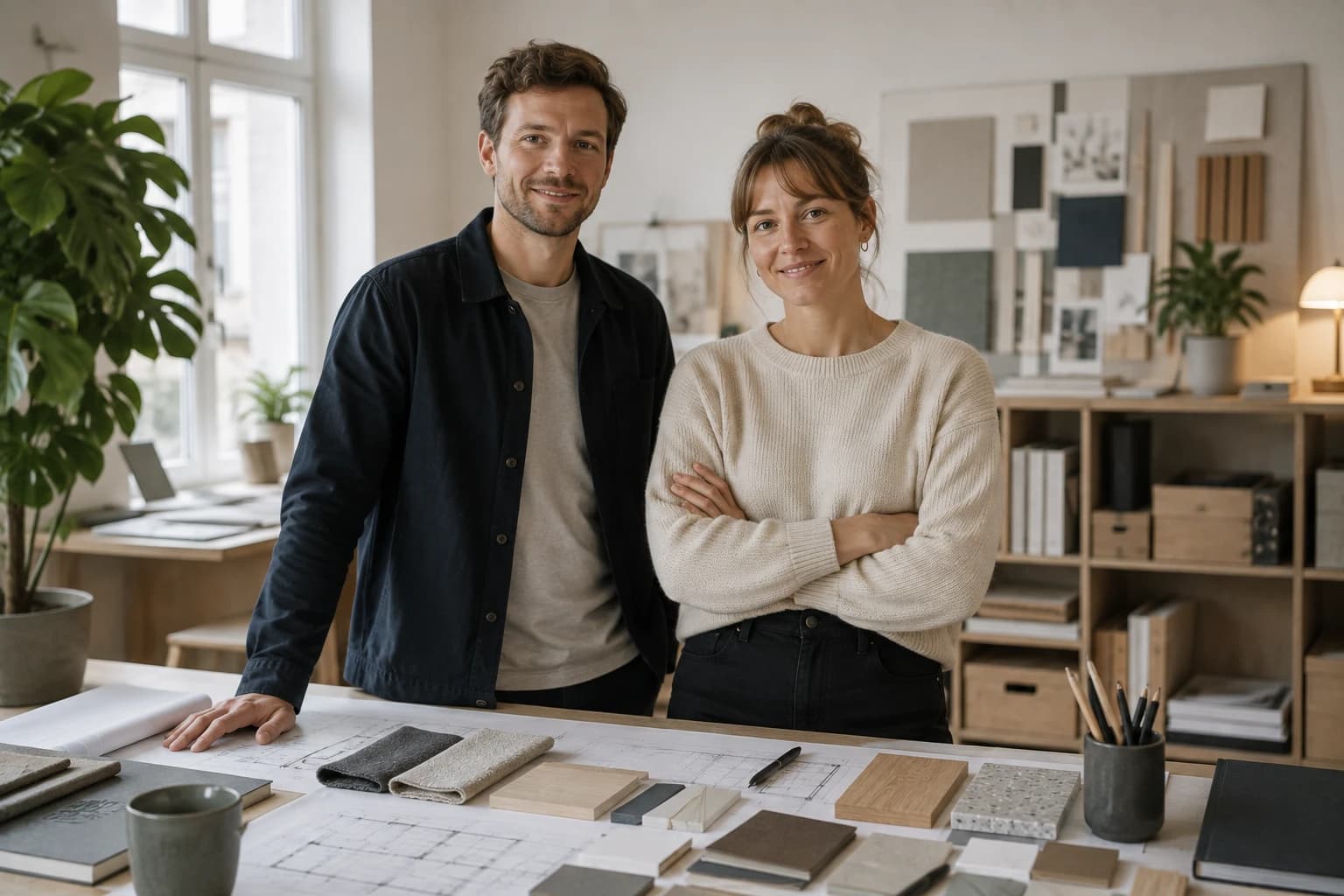 Jonas Feldmann and Clara Winter of Nordlicht Raumkonzepte at the planning table with a floor plan and material samples
