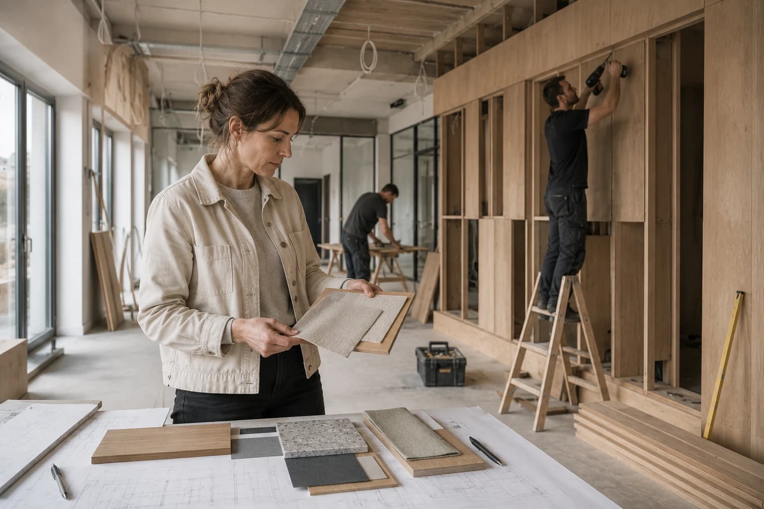 Clara Winter reviews fabric samples on site, with craftsmen building furniture in the background